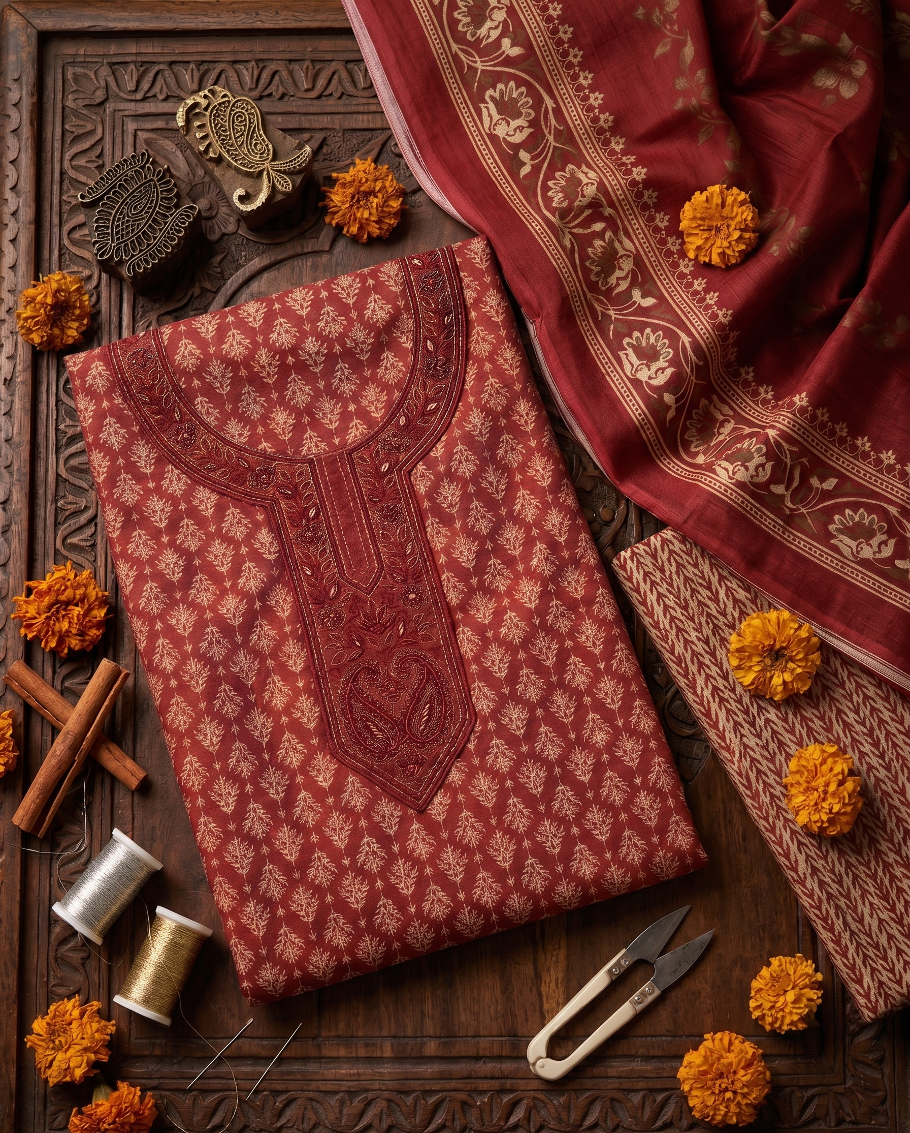 Red Printed Jam Cotton Unstitched Suit Set