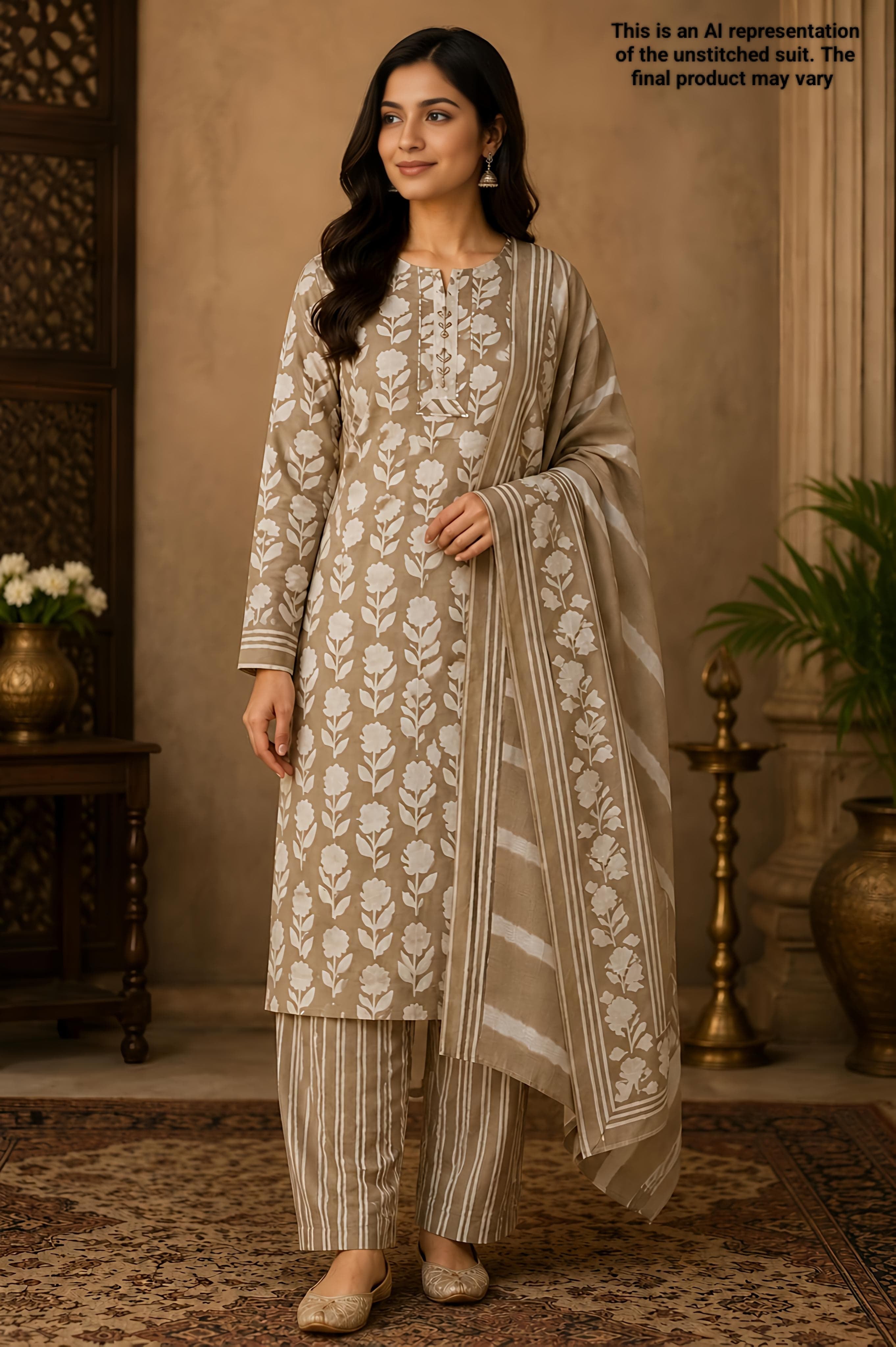 Walnut Brown Printed Lawn Cotton Unstitched Suit Set