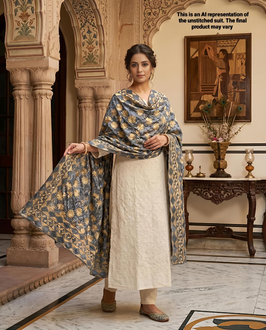 White Cotton & Phulkari Unstitched Suit Set