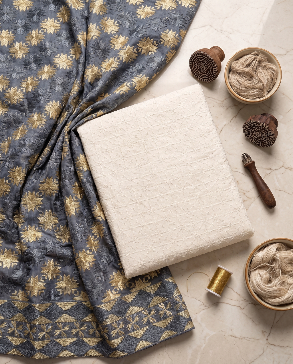 White Cotton & Phulkari Unstitched Suit Set