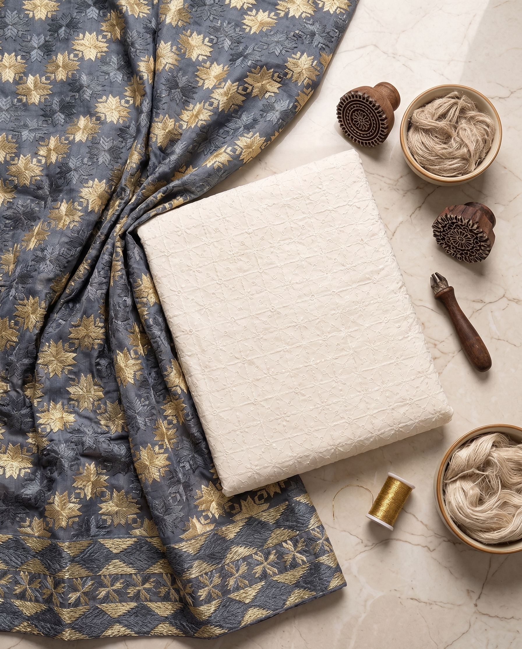 White Cotton & Phulkari Unstitched Suit Set