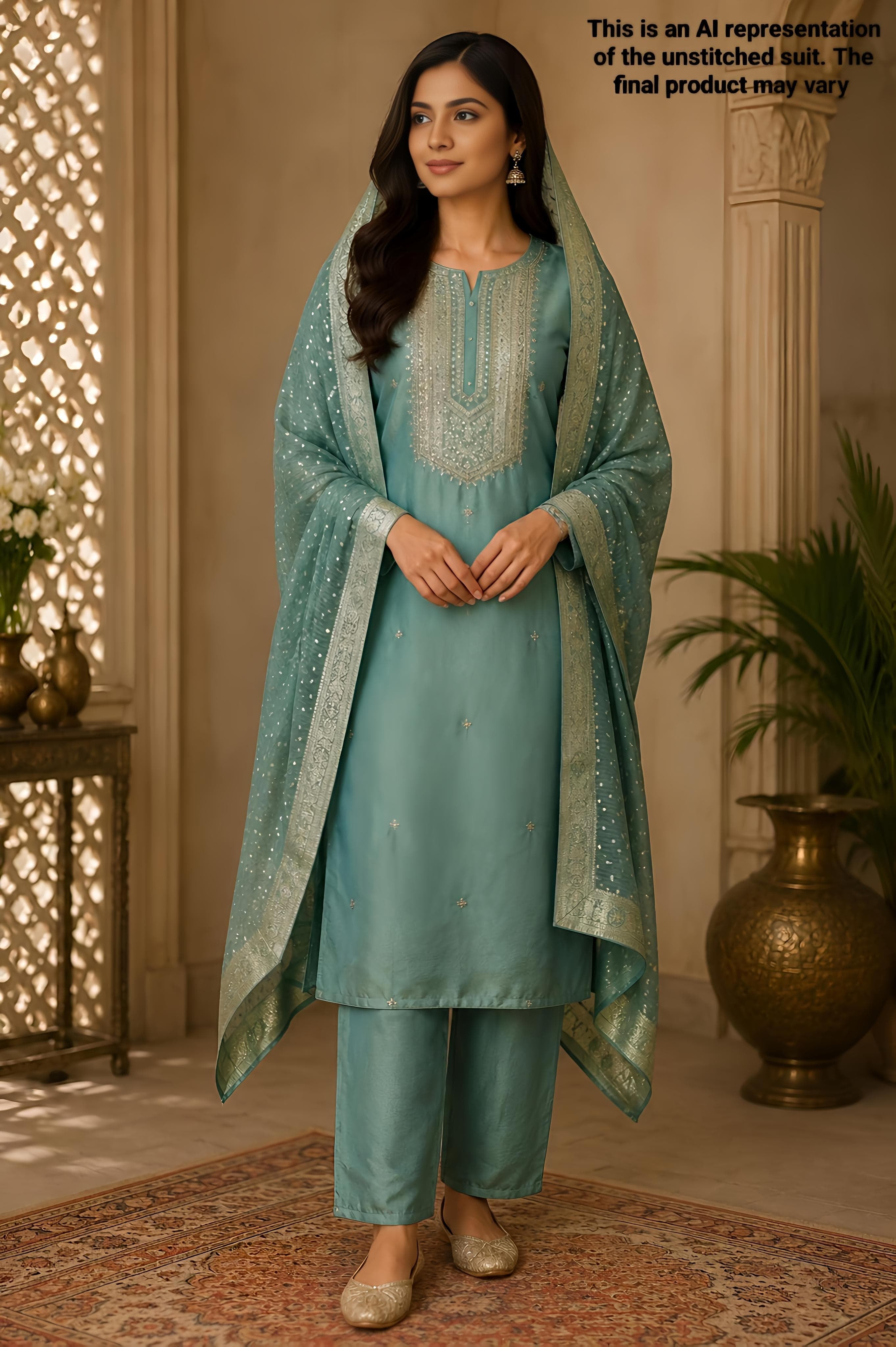 Sea Green Tissue Chanderi Unstitched Suit Set