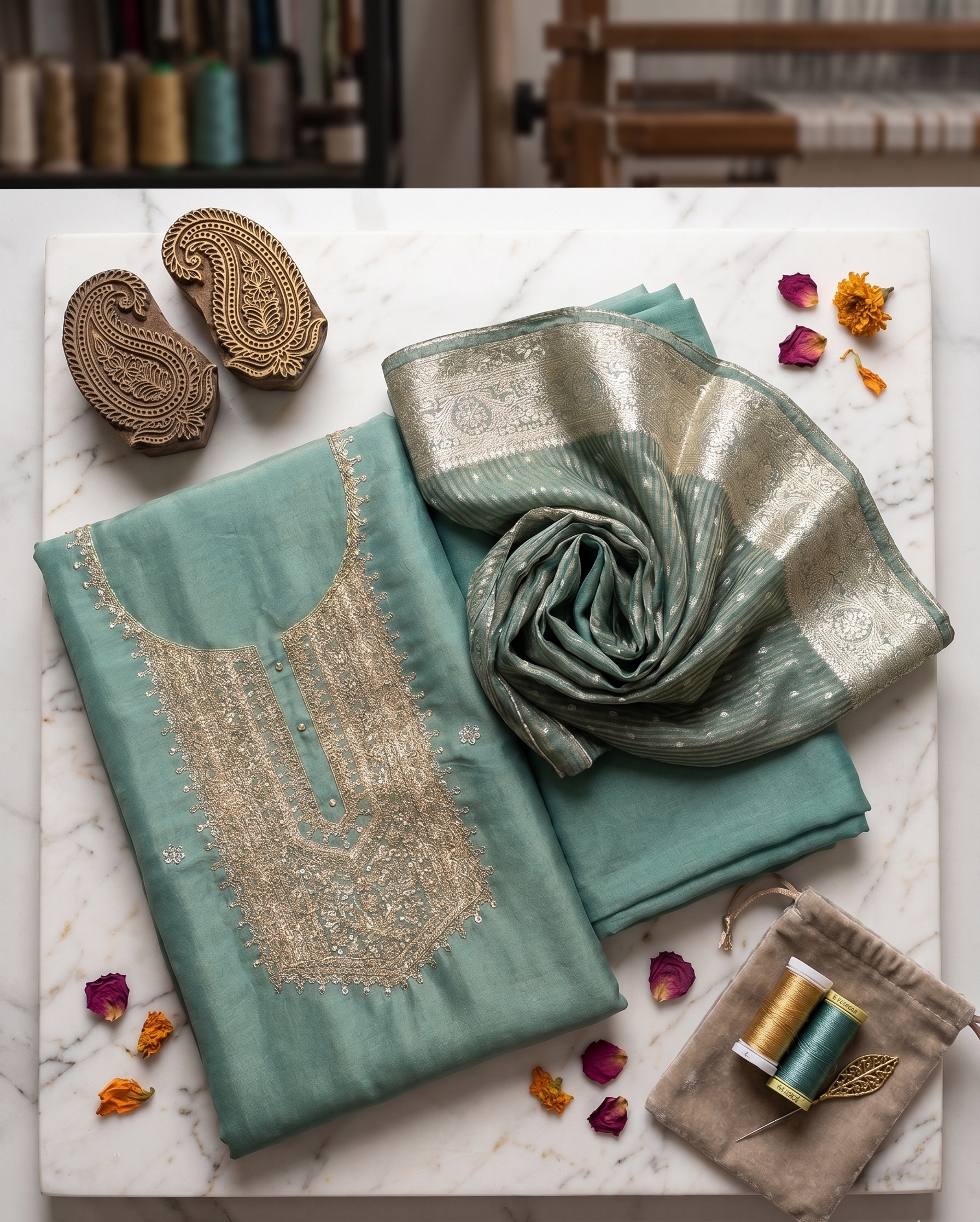 Sea Green Tissue Chanderi Unstitched Suit Set