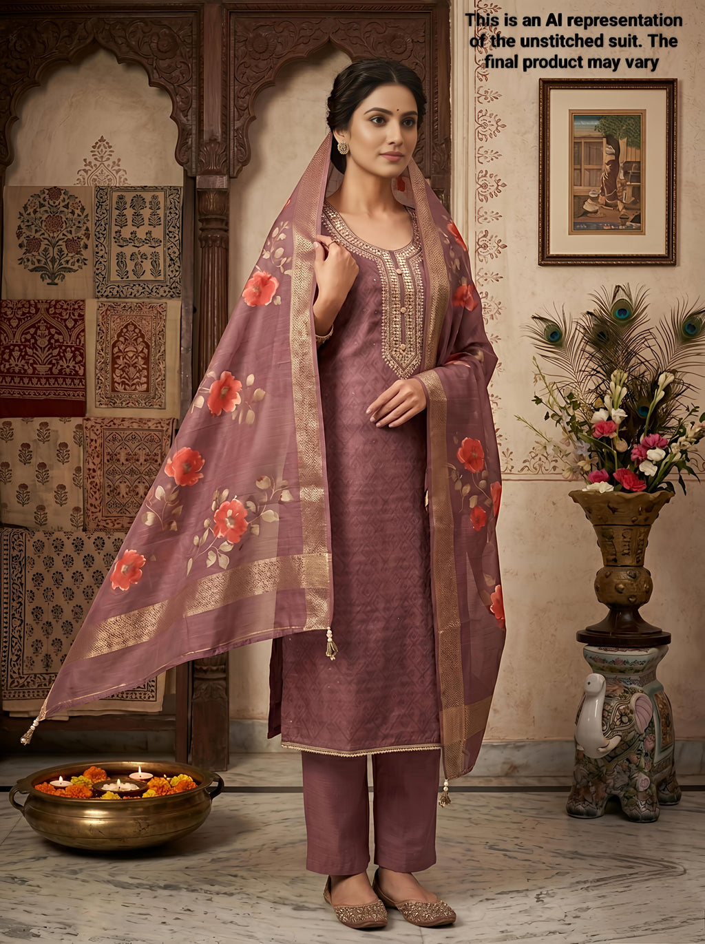 Wine Chanderi Unstitched Suit Set
