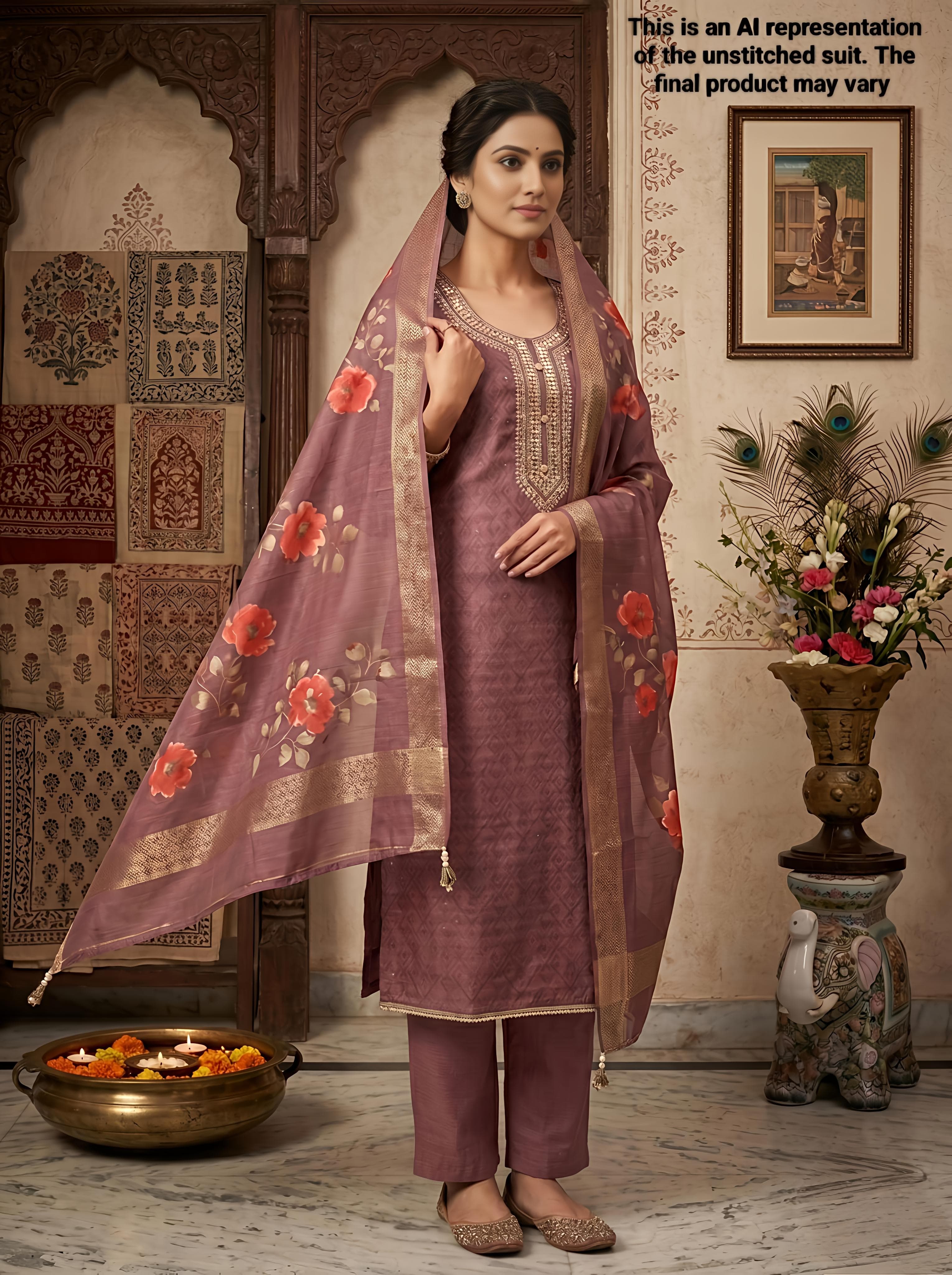 Wine Chanderi Unstitched Suit Set