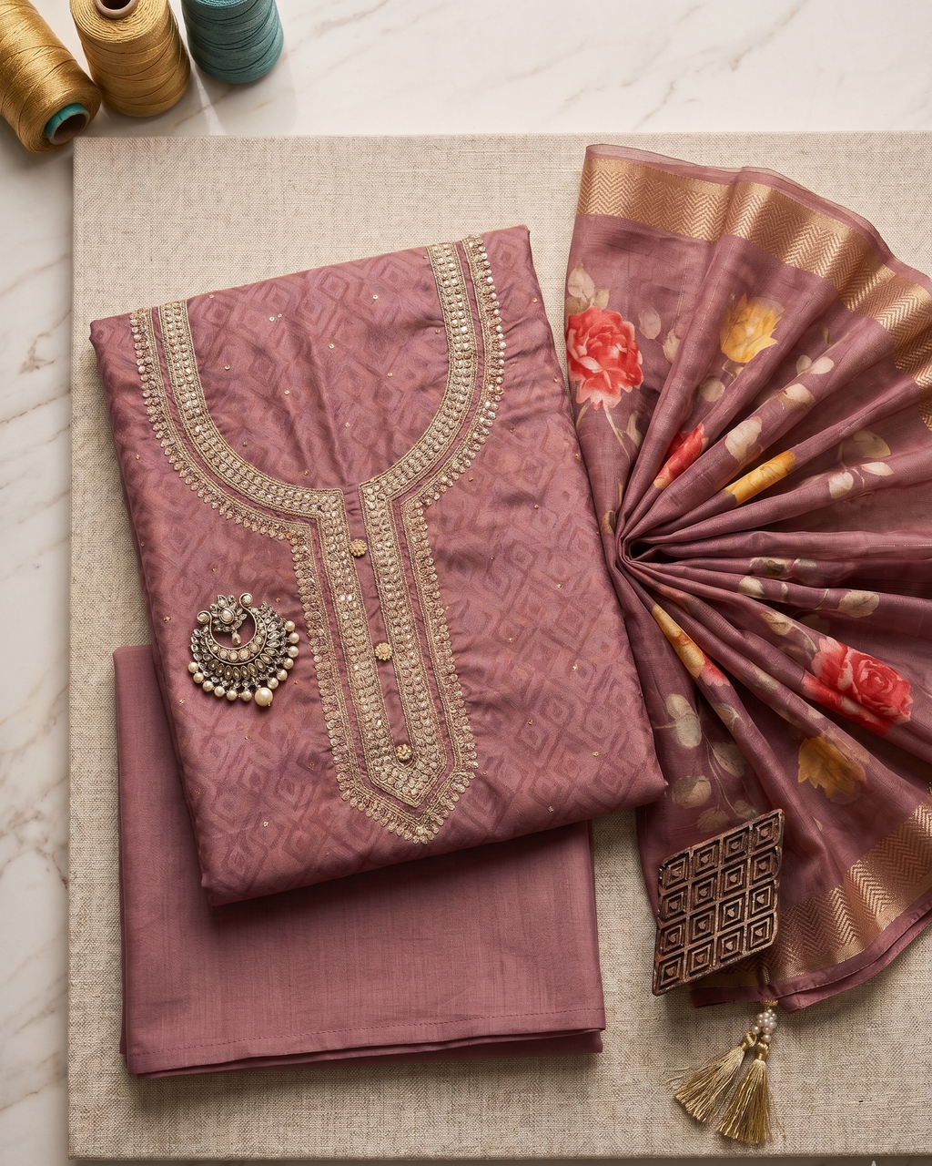 Wine Chanderi Unstitched Suit Set