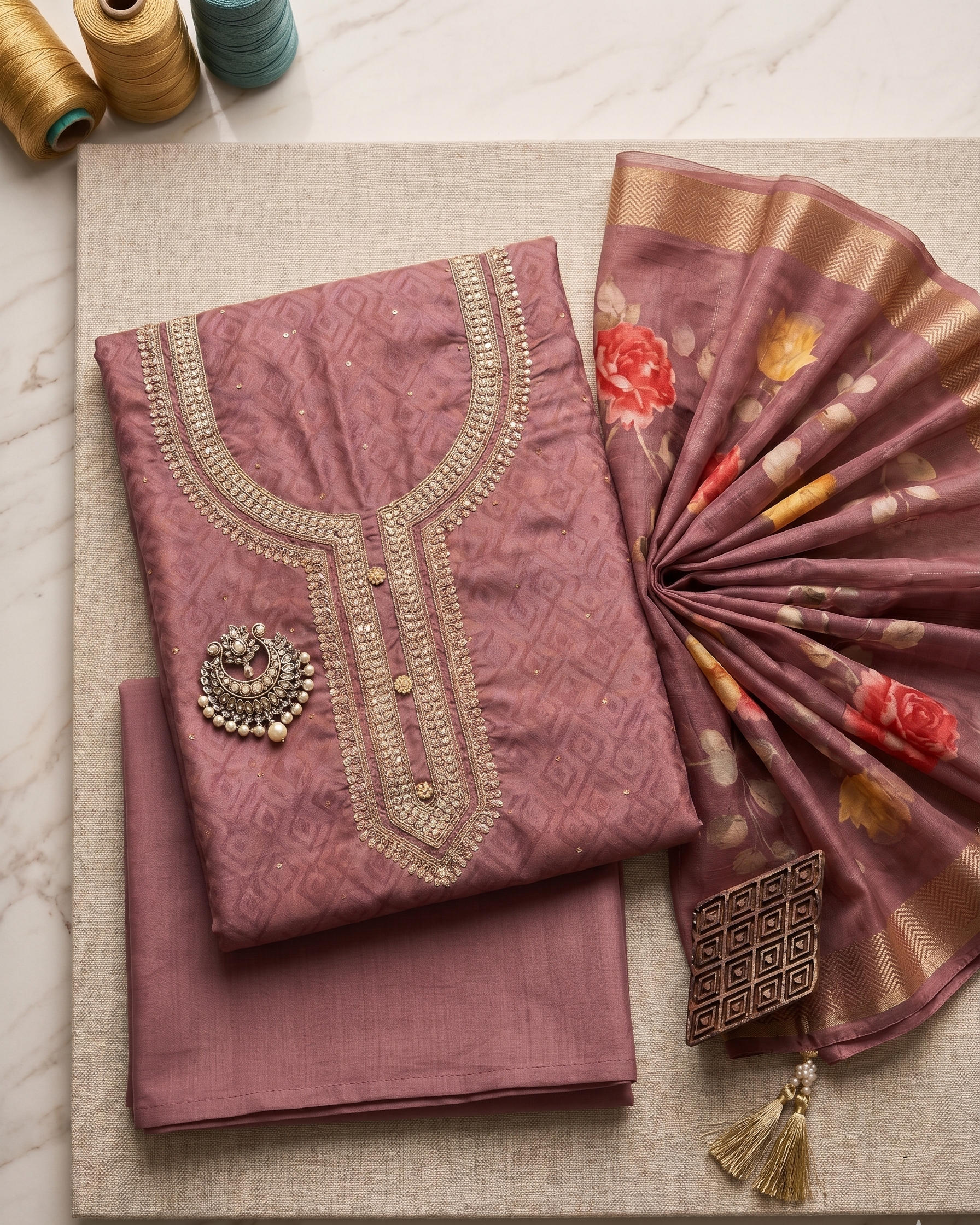 Wine Chanderi Unstitched Suit Set
