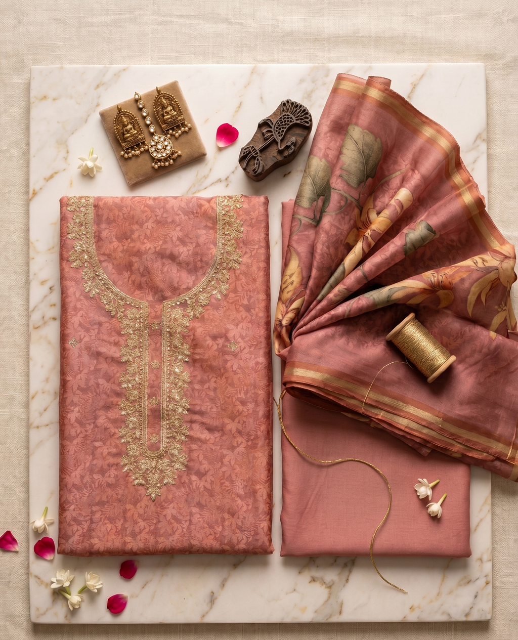 Pink Printed Chanderi Unstitched Suit Set