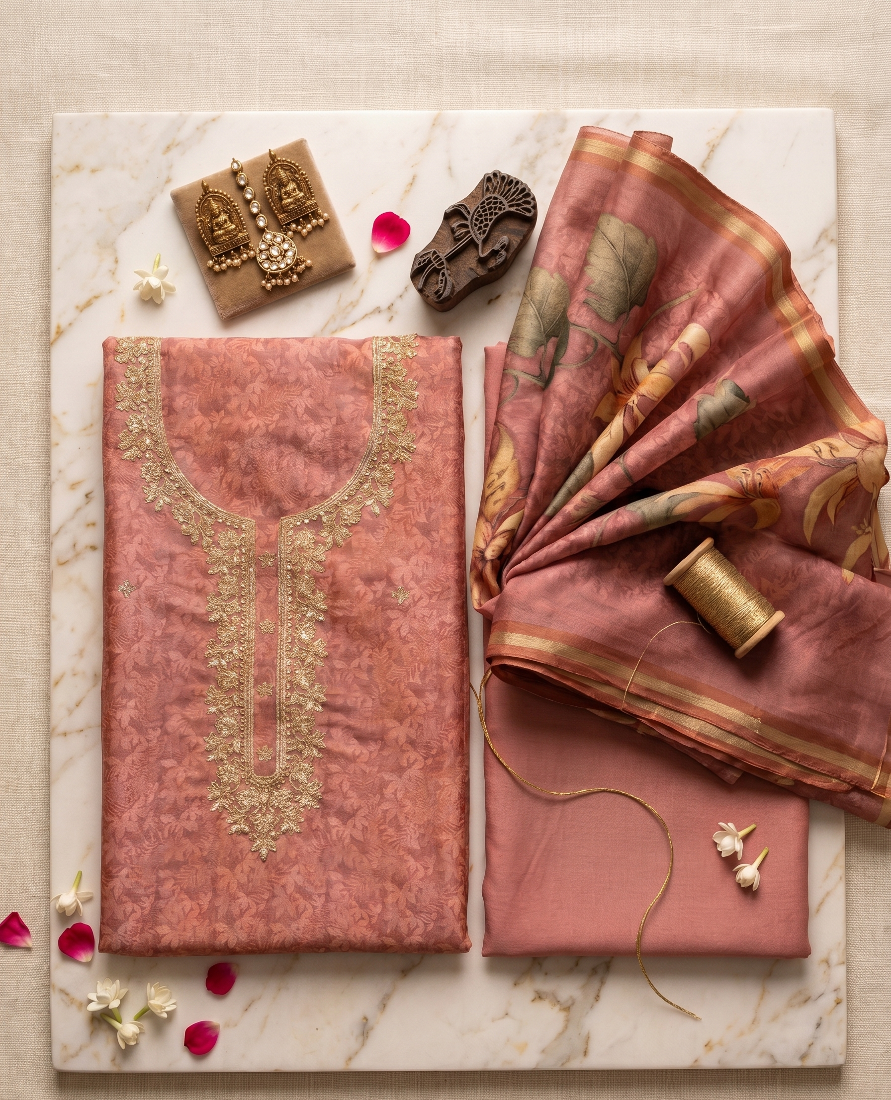 Pink Printed Chanderi Unstitched Suit Set