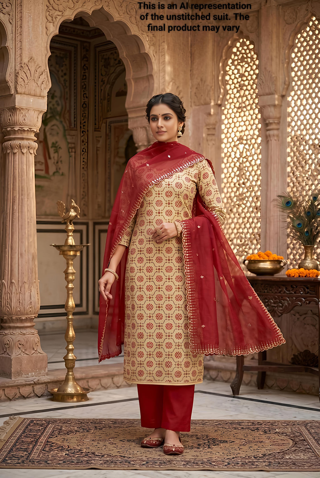 Beige Viscose Jacquard Cotton Silk Unstitched Suit Set