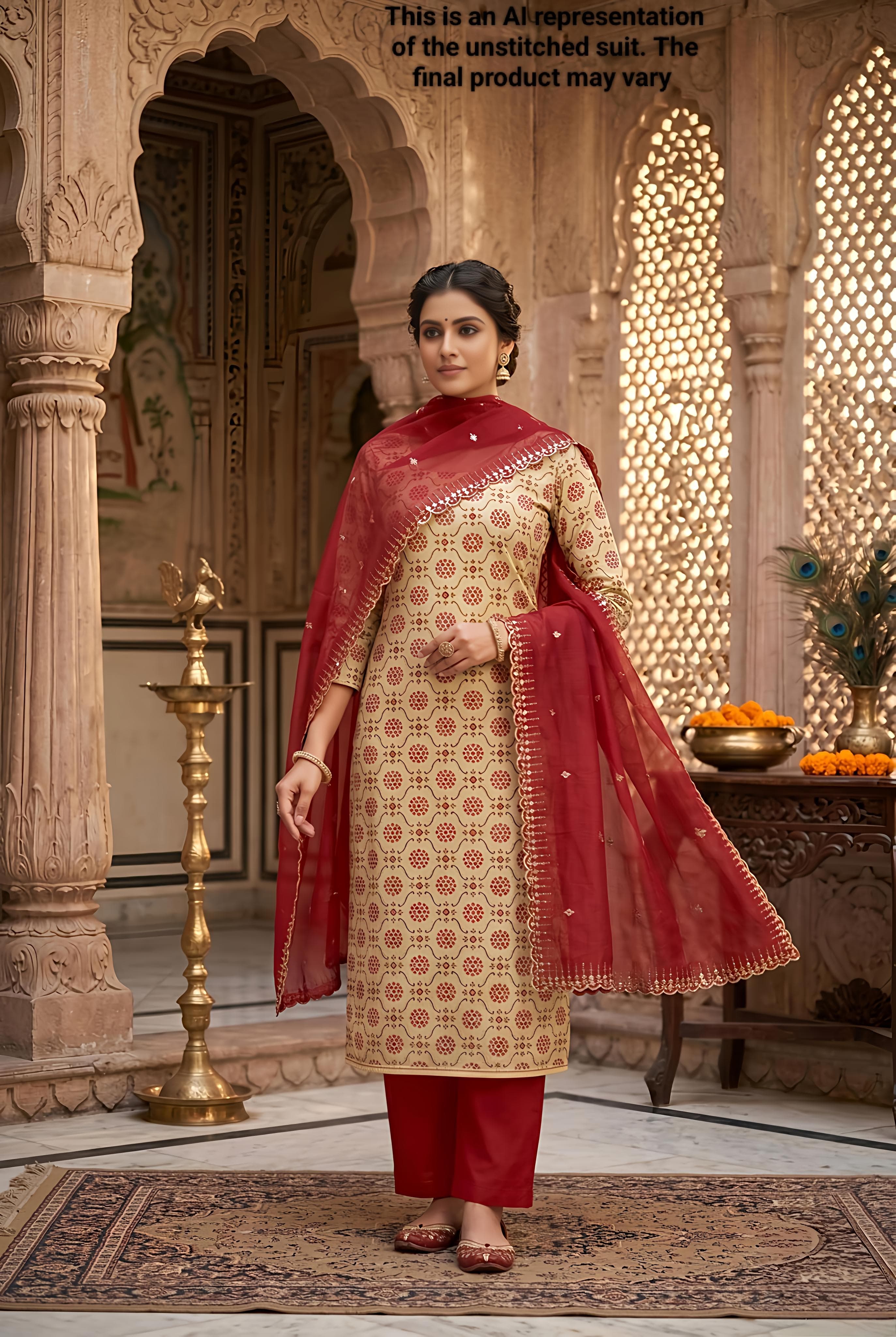 Beige Viscose Jacquard Cotton Silk Unstitched Suit Set