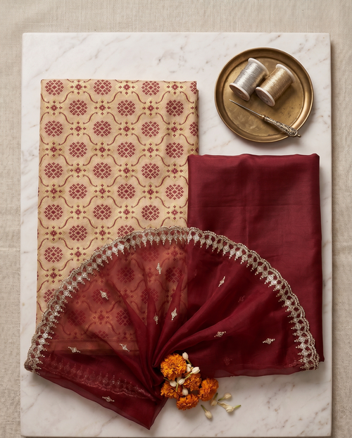 Beige Viscose Jacquard Cotton Silk Unstitched Suit Set