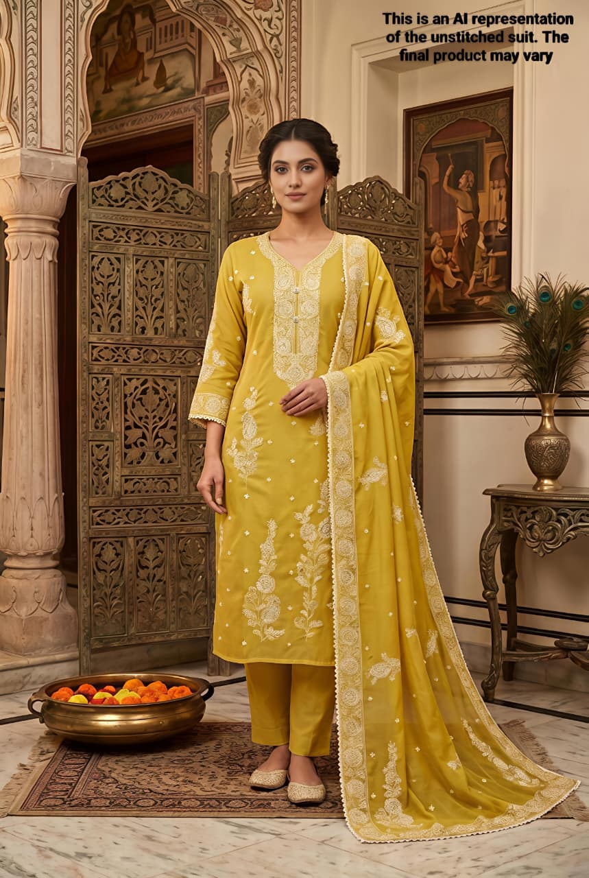 Yellow Chanderi Unstitched Suit Set