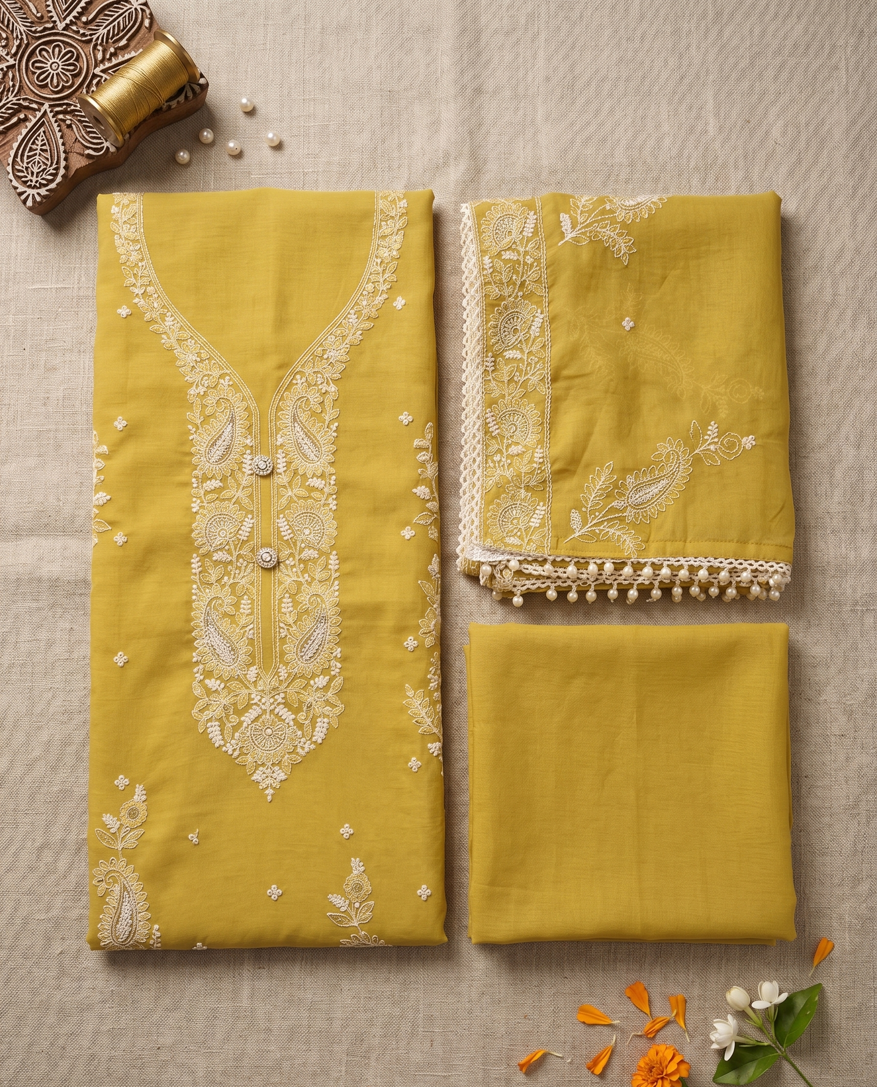 Yellow Chanderi Unstitched Suit Set