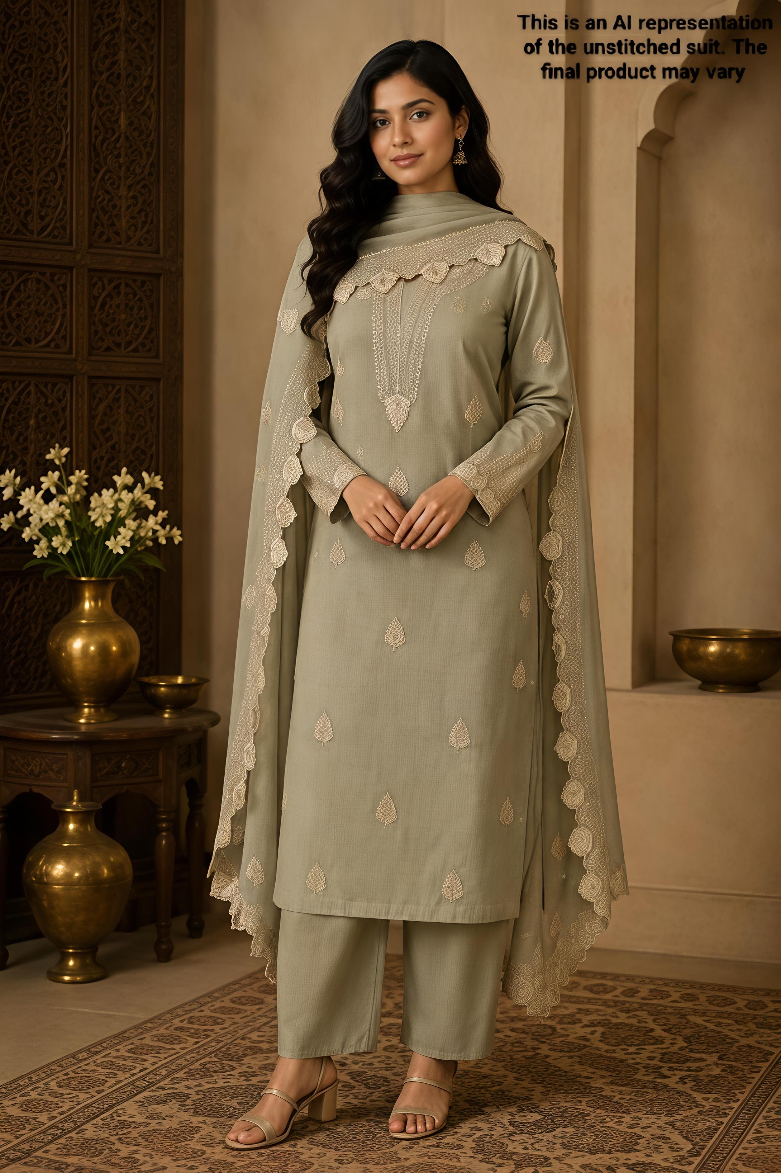 Greenish Grey Crush Mul Chanderi Unstitched Suit Set
