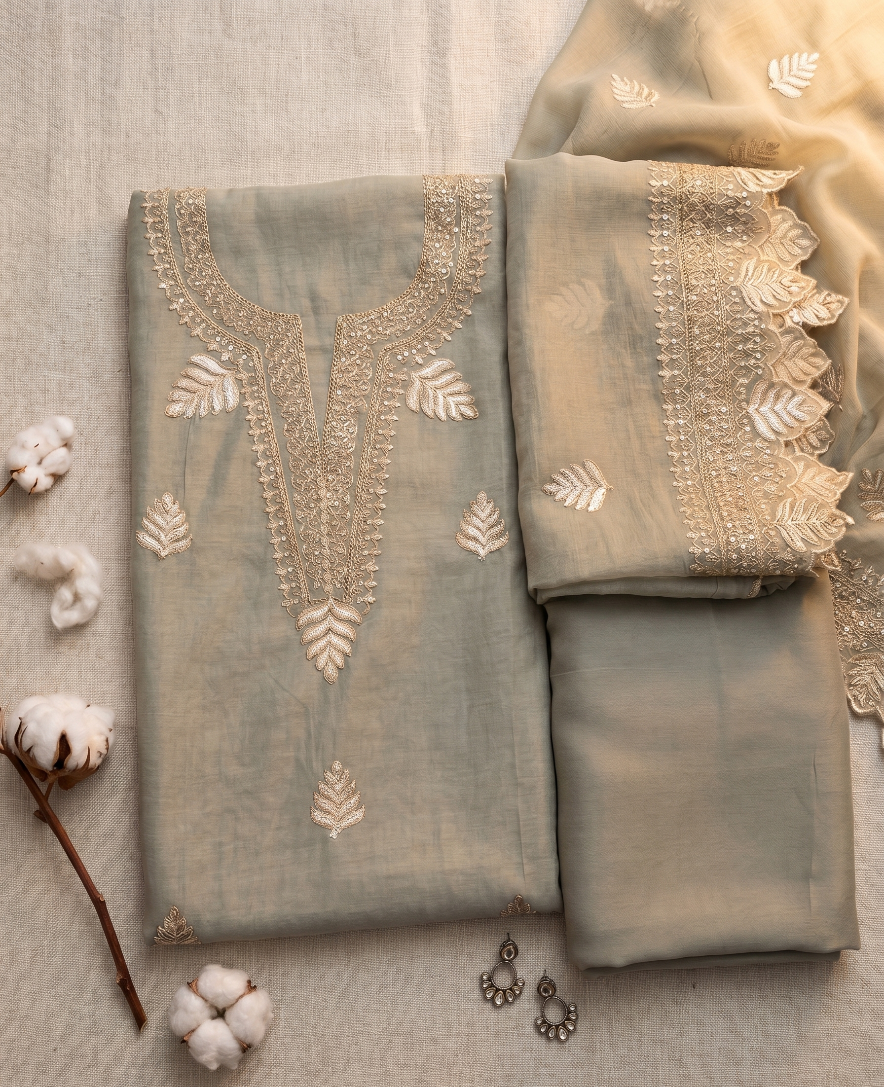 Greenish Grey Crush Mul Chanderi Unstitched Suit Set