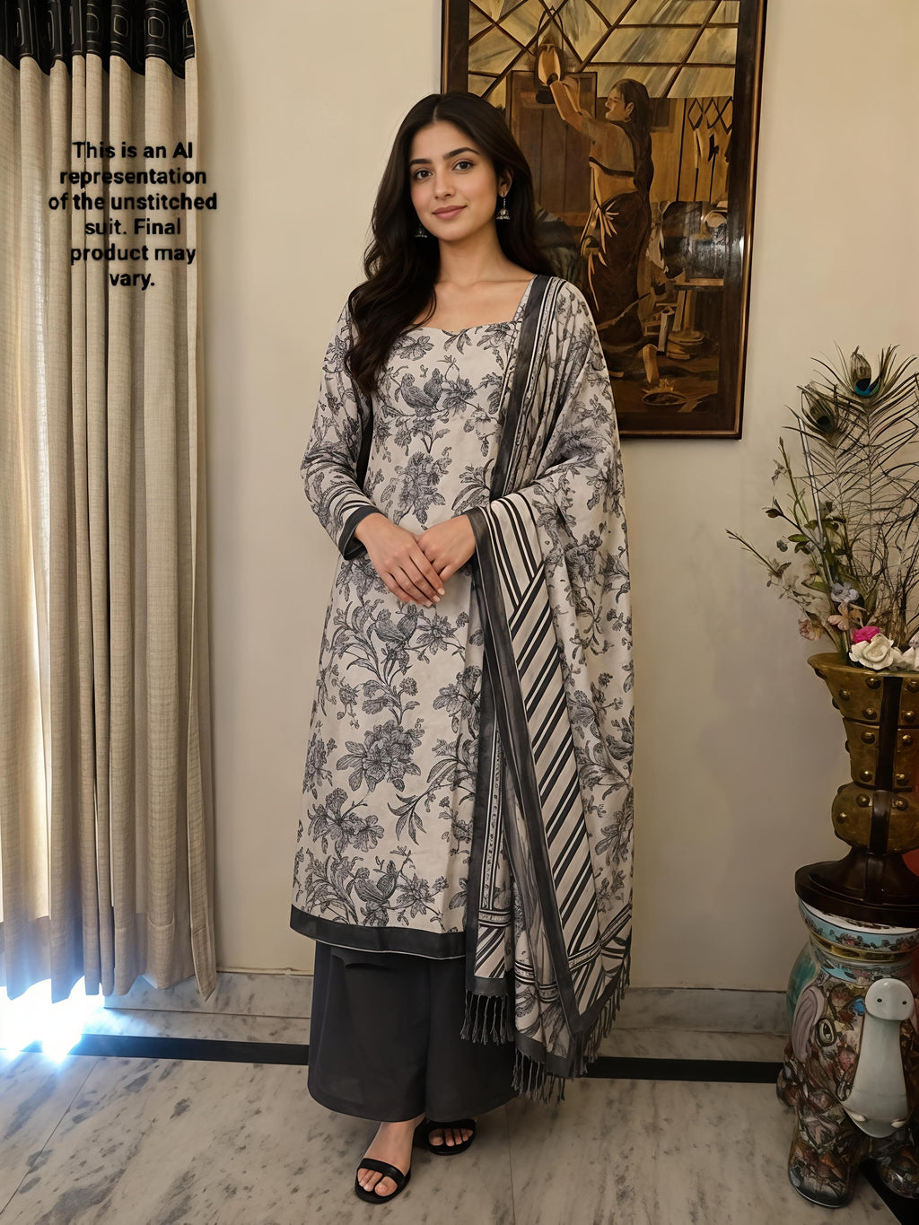Ivory & Grey Maheshwari Silk Unstitched Suit Set