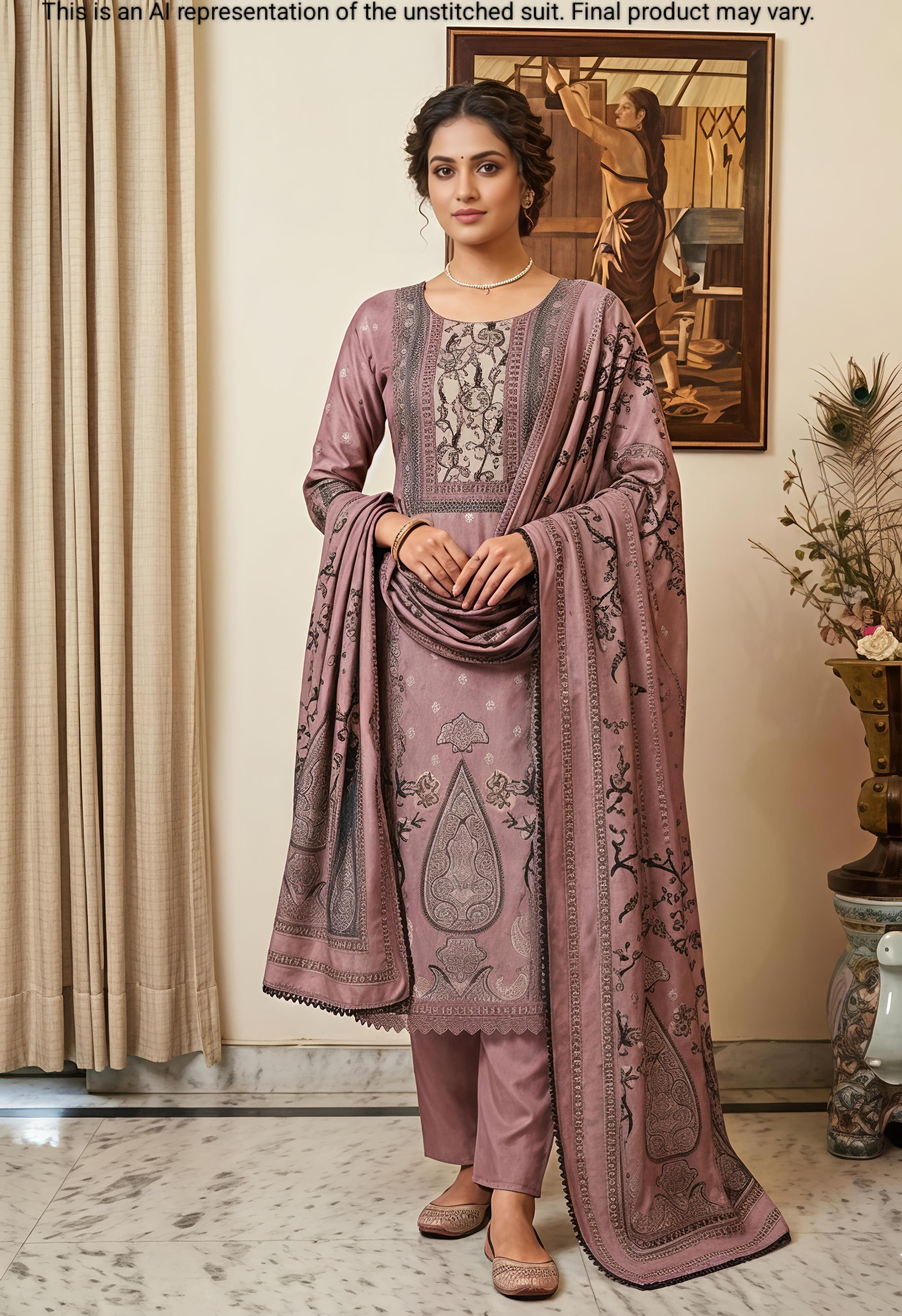 Wine Mul Cotton Unstitched Suit Set