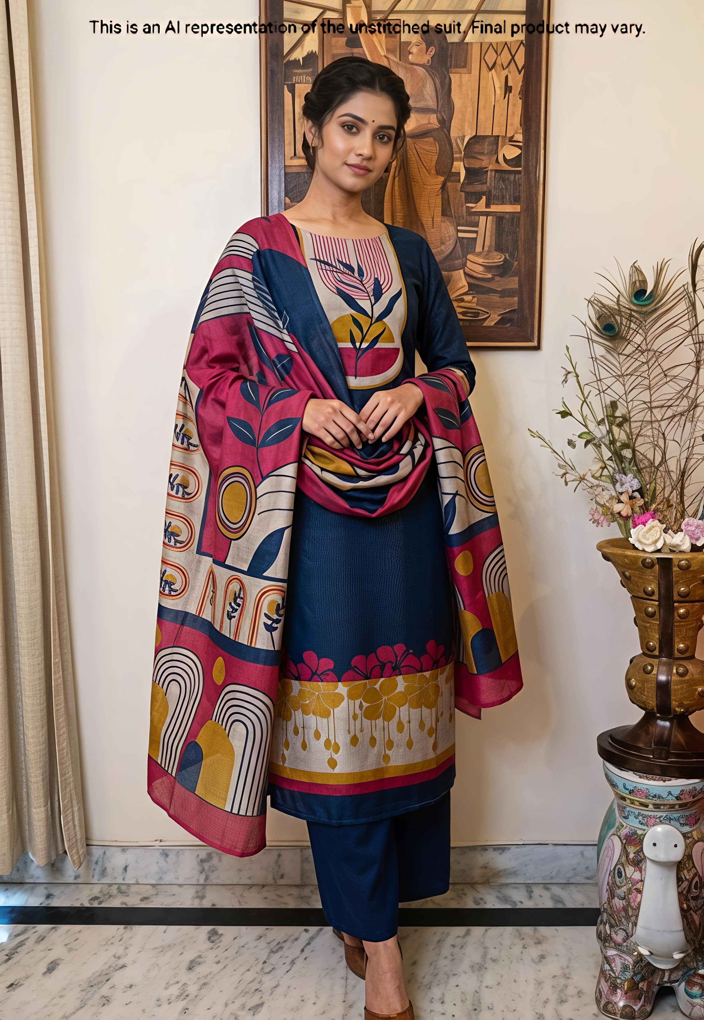 Denim Blue Maheshwari Silk Unstitched Suit Set