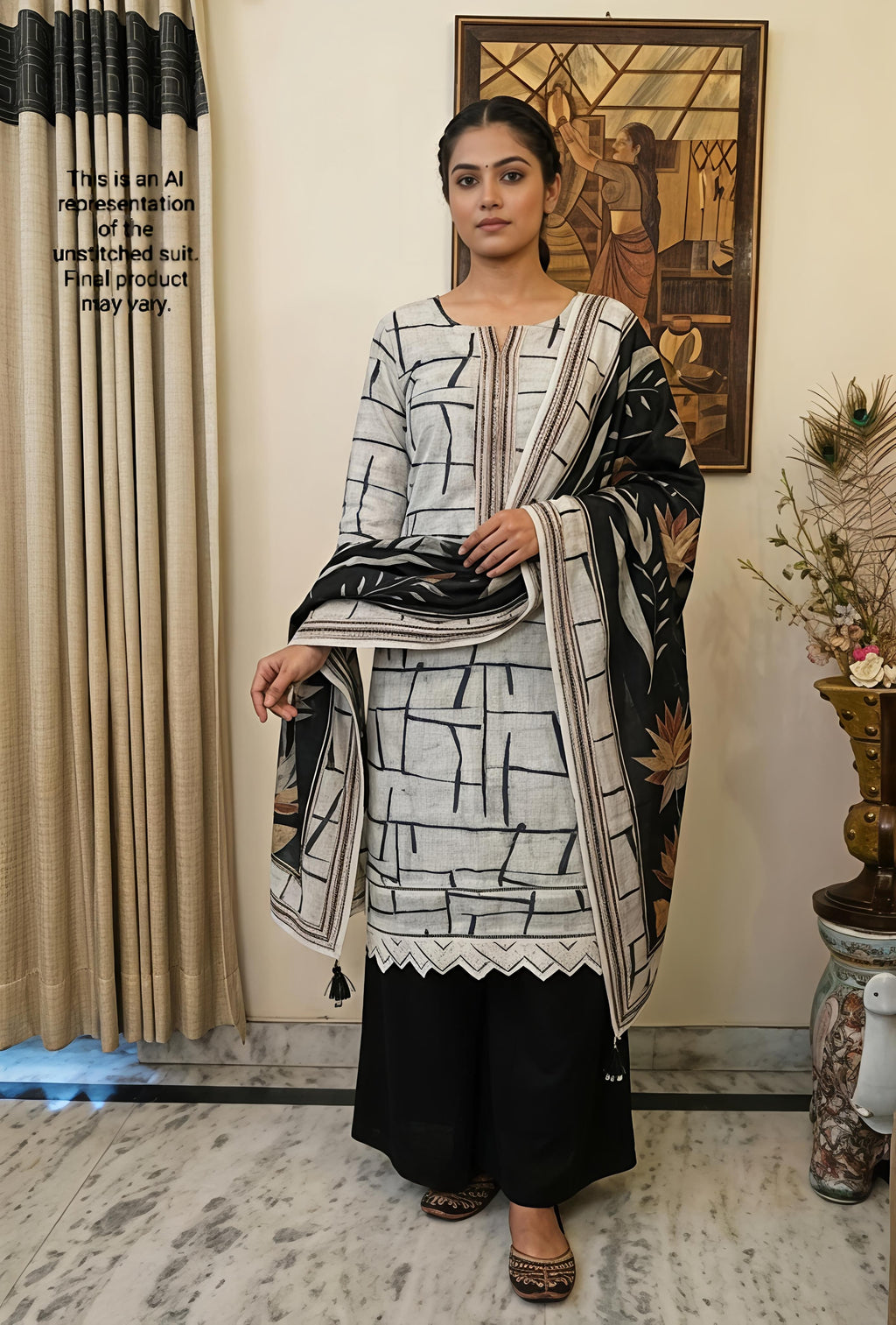 White & Black Linen Unstitched Suit Set