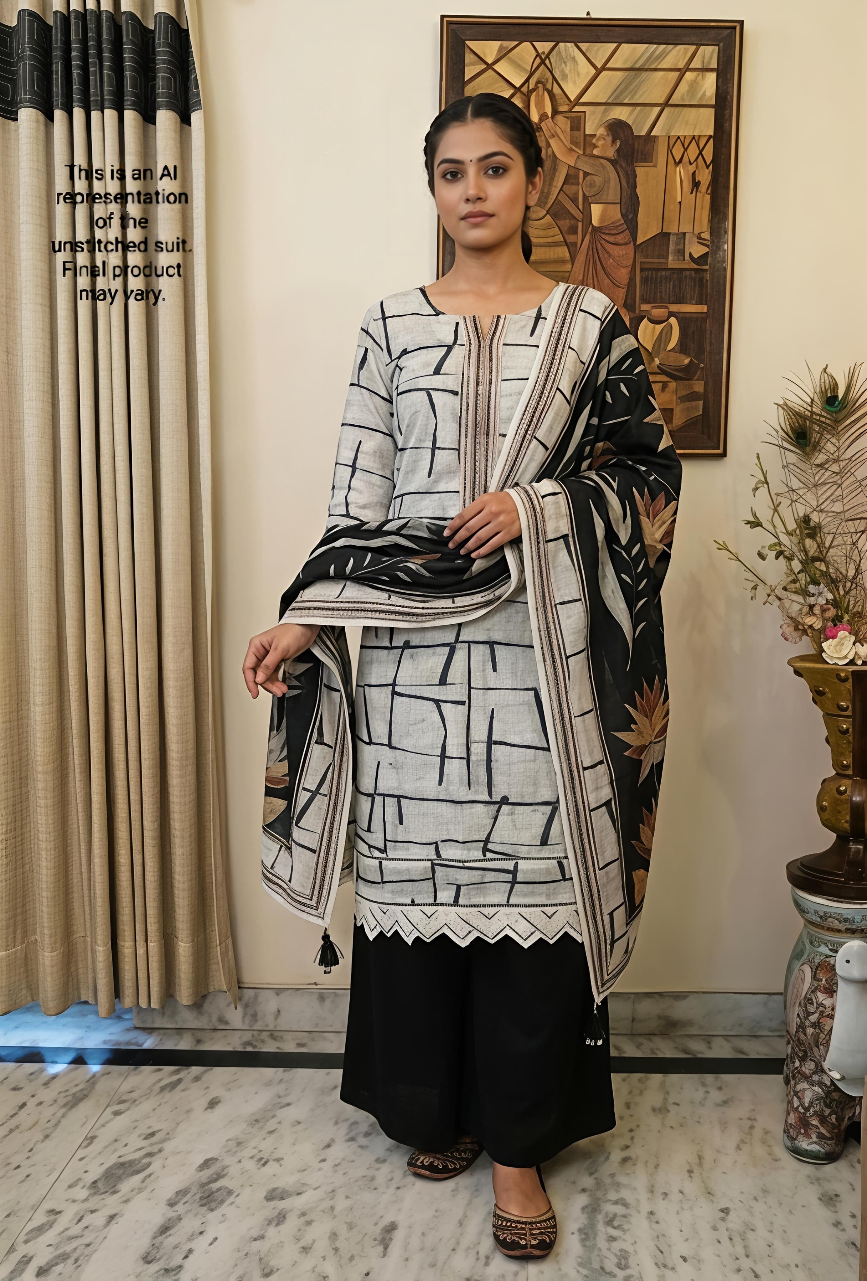 White & Black Linen Unstitched Suit Set