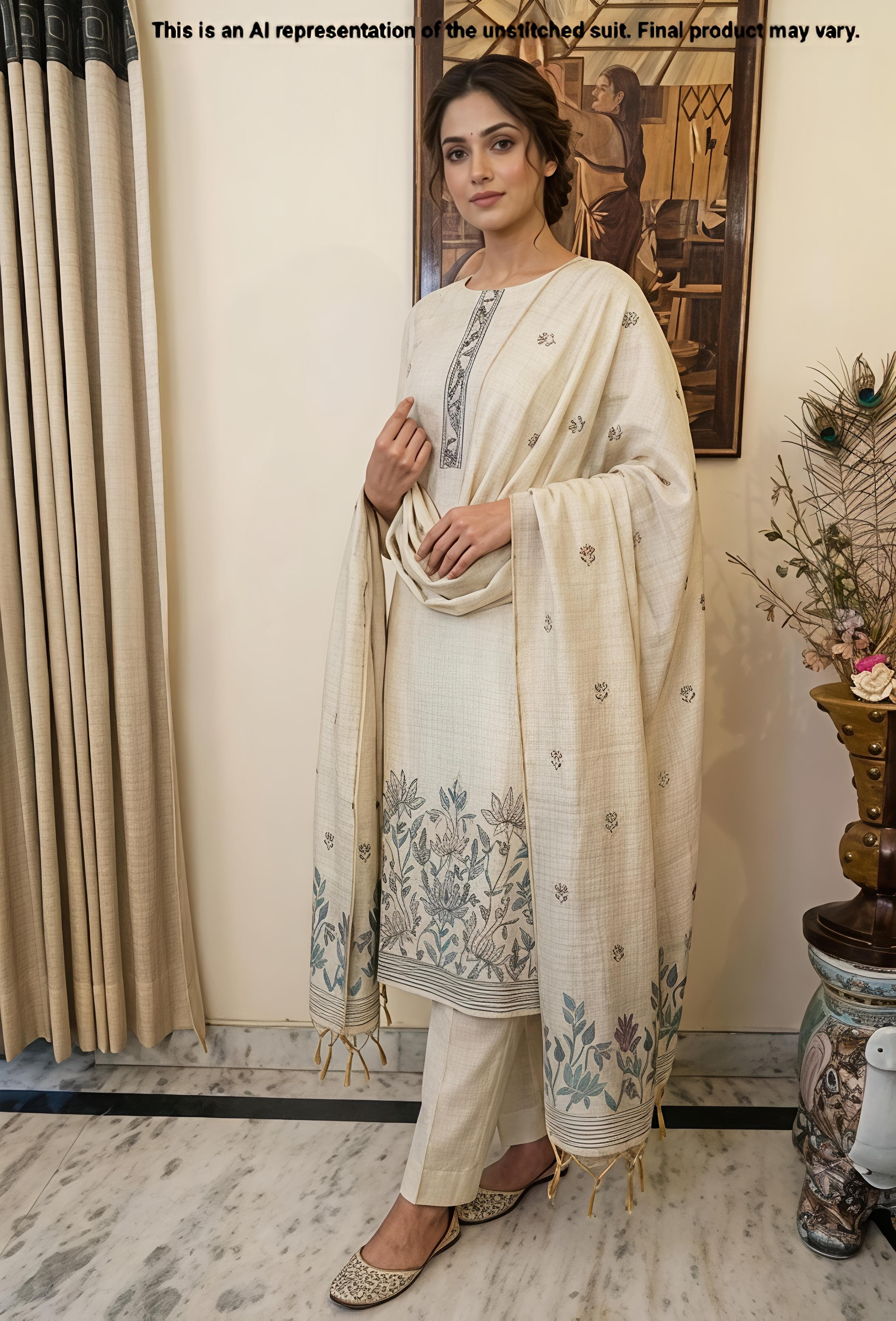 Ivory Chanderi Silk Unstitched Suit Set