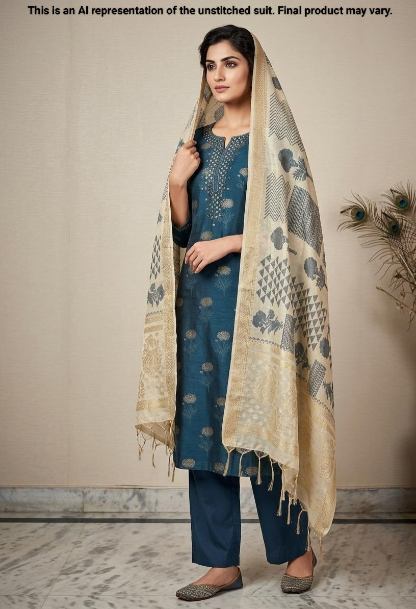Indigo Chanderi Unstitched Suit Set