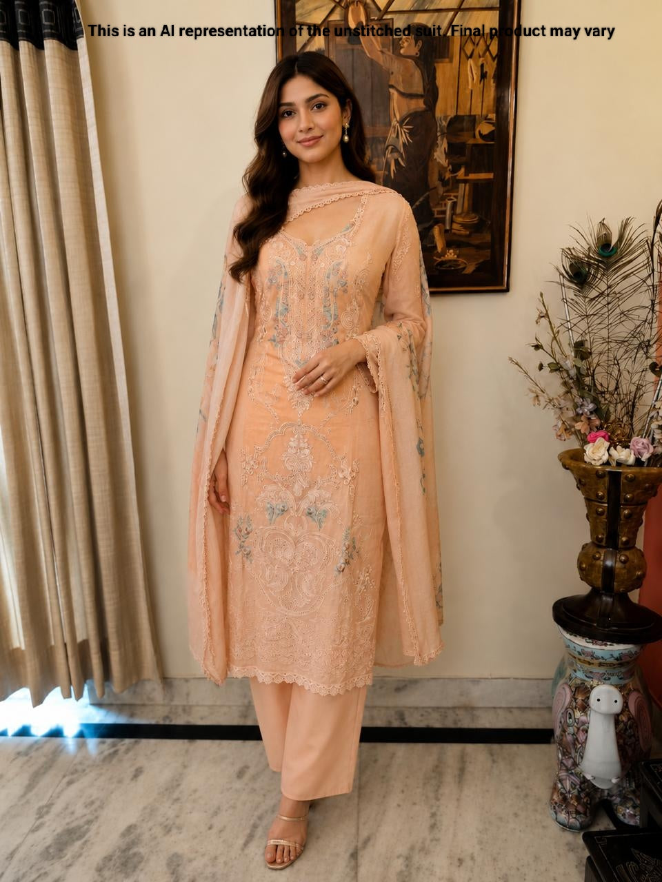 Beige & Peach Mul Cotton Unstitched Suit Set