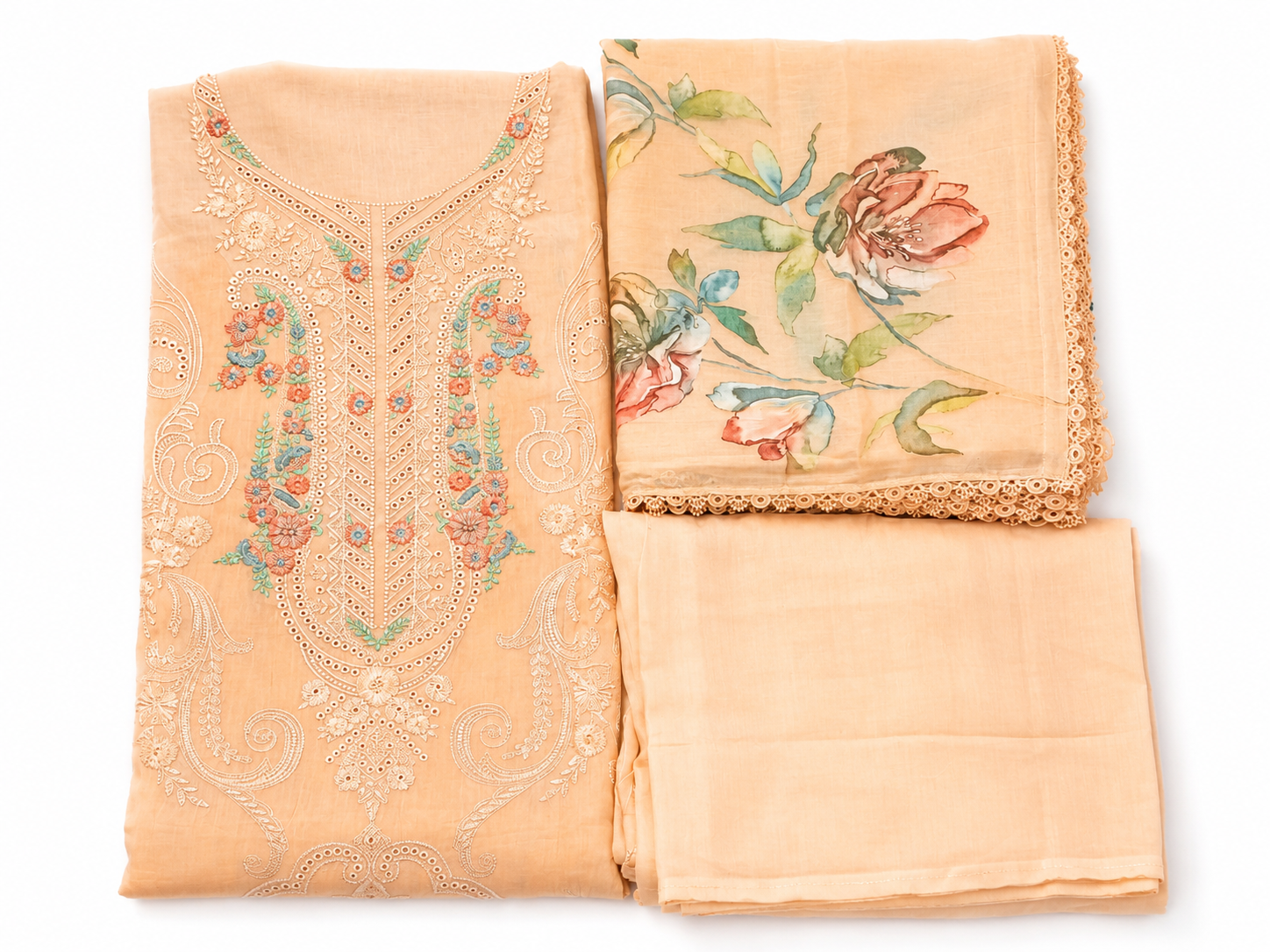 Beige & Peach Mul Cotton Unstitched Suit Set