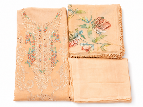 Beige & Peach Mul Cotton Unstitched Suit Set