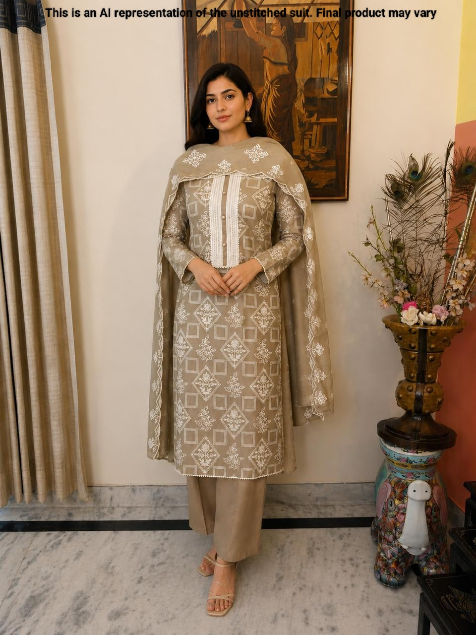 Walnut Brown Mul Chanderi Unstitched Suit Set