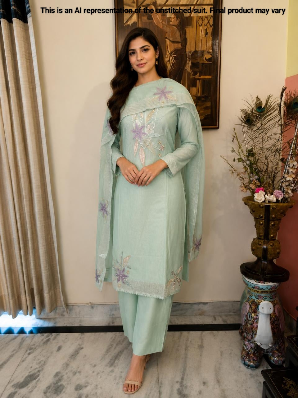 Pista Green Mul Chanderi Unstitched Suit Set