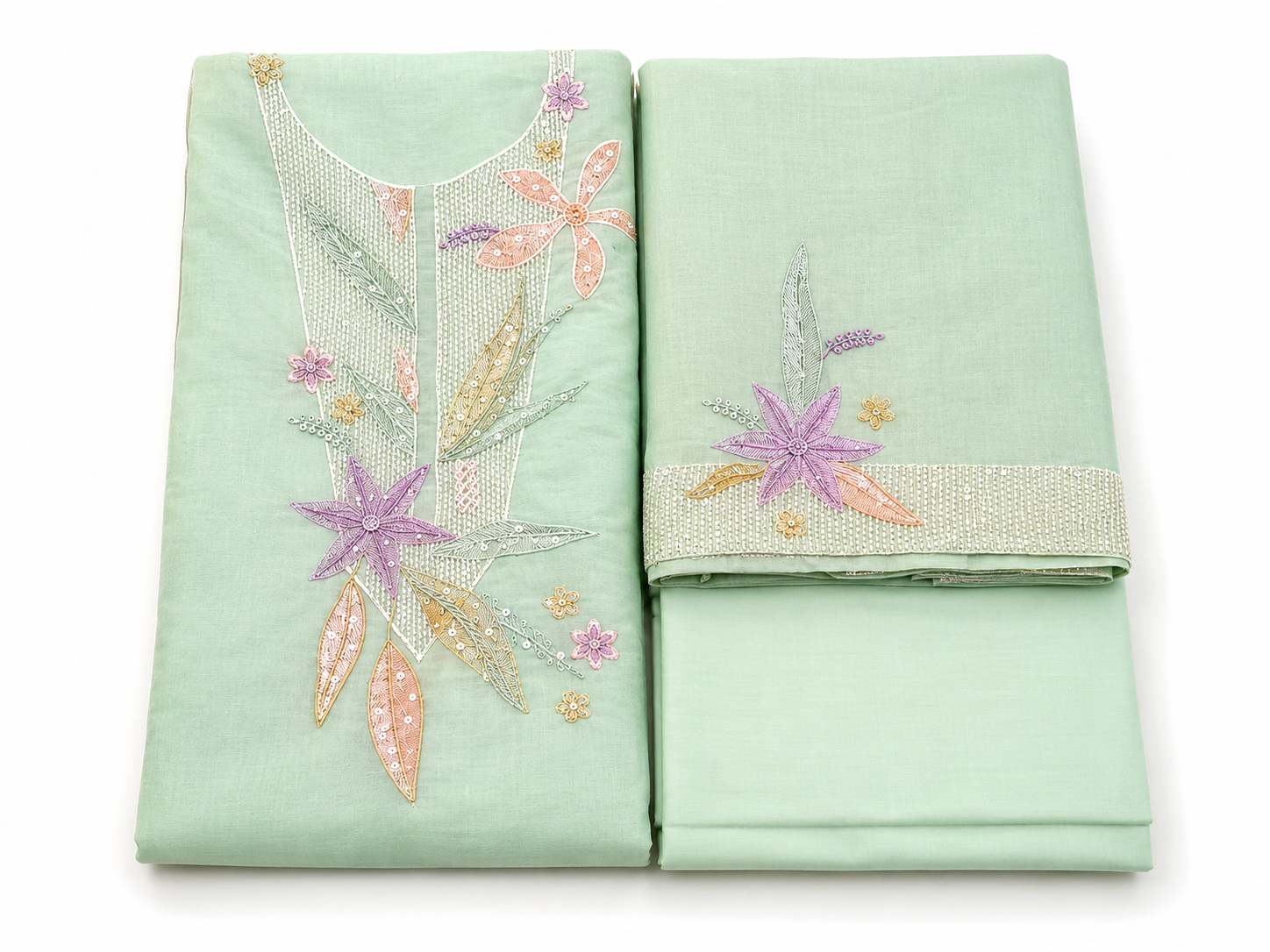 Pista Green Mul Chanderi Unstitched Suit Set