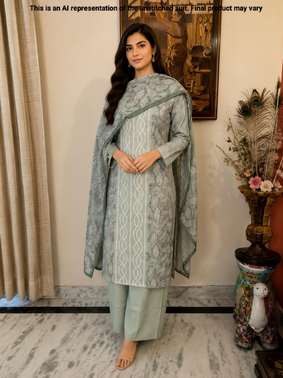 Sea Green Linen Unstitched Suit Set