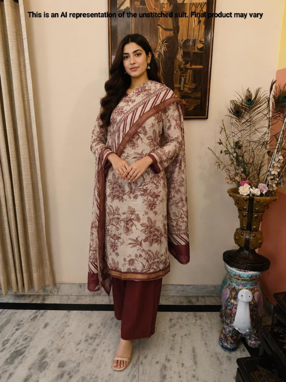 Maroon & Beige Maheshwari Silk Unstitched Suit Set