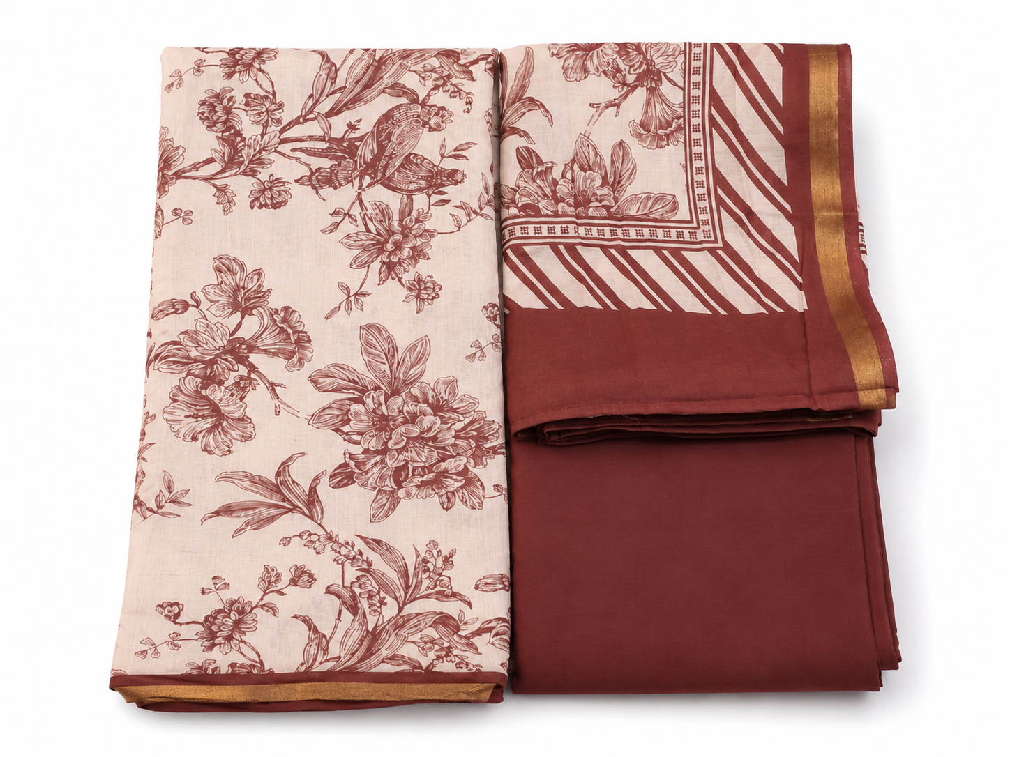Maroon & Beige Maheshwari Silk Unstitched Suit Set