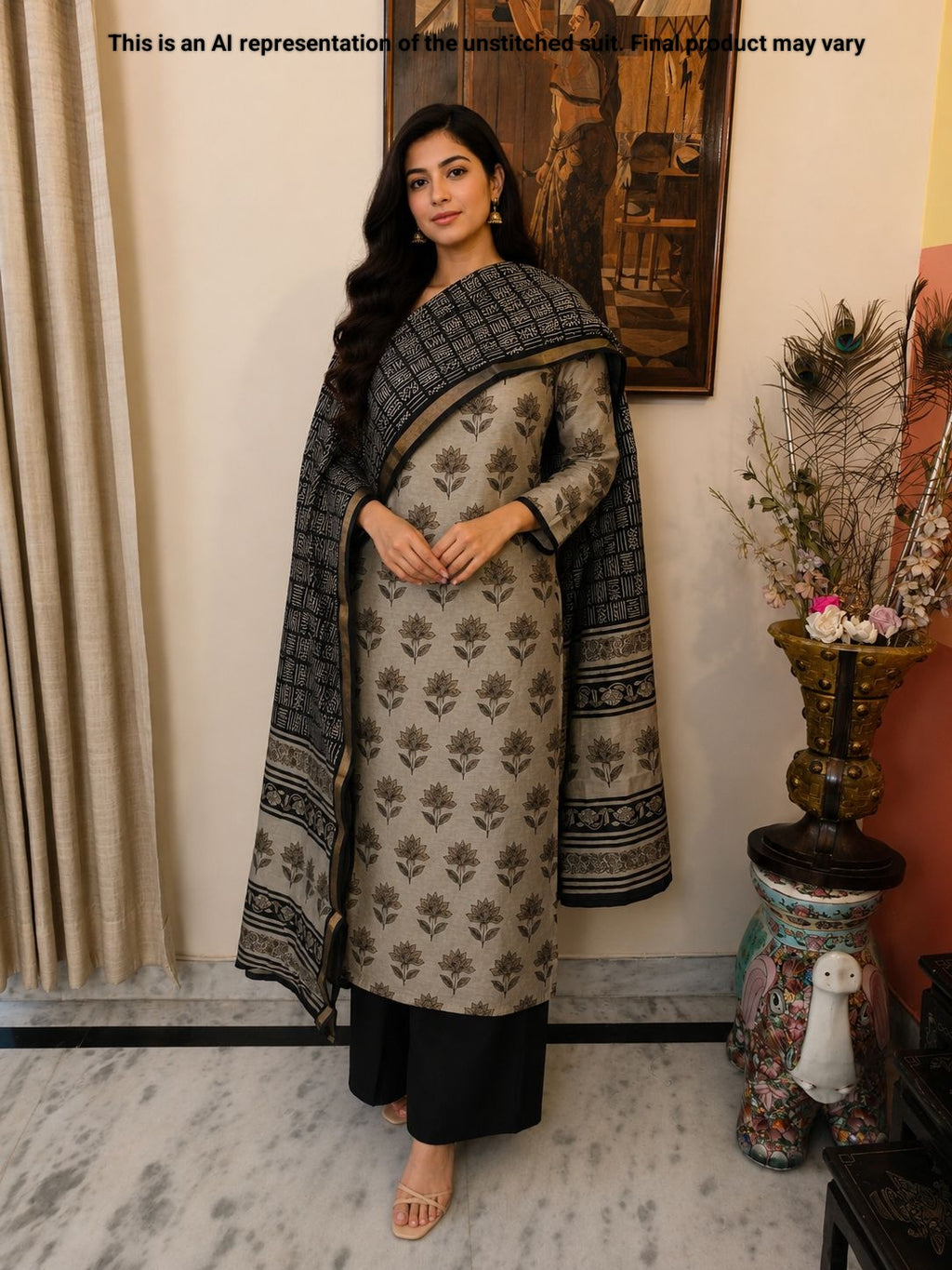 Beige Floral Printed Maheshwari Silk Unstitched Suit Set