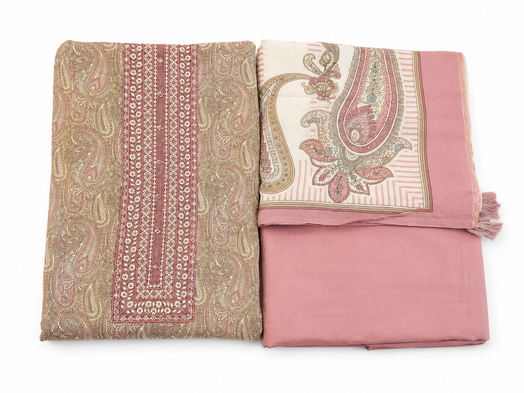 Grey & Pink Paisley Printed Muslin Unstitched Suit Set