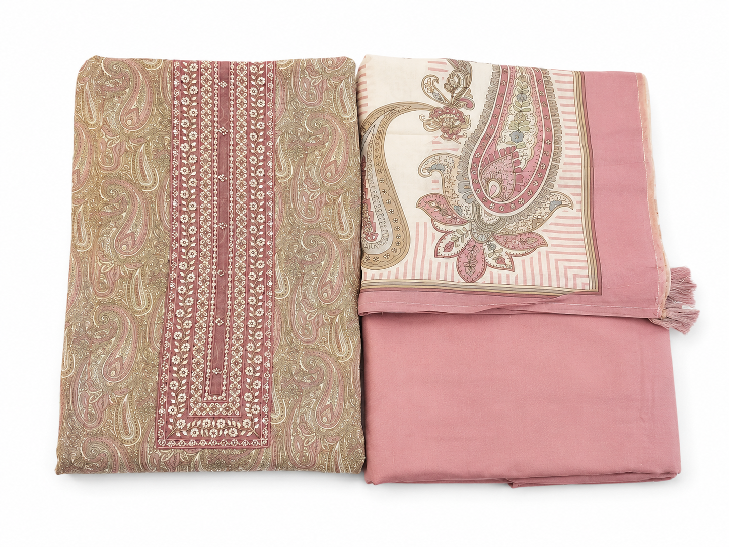 Grey & Pink Paisley Printed Muslin Unstitched Suit Set