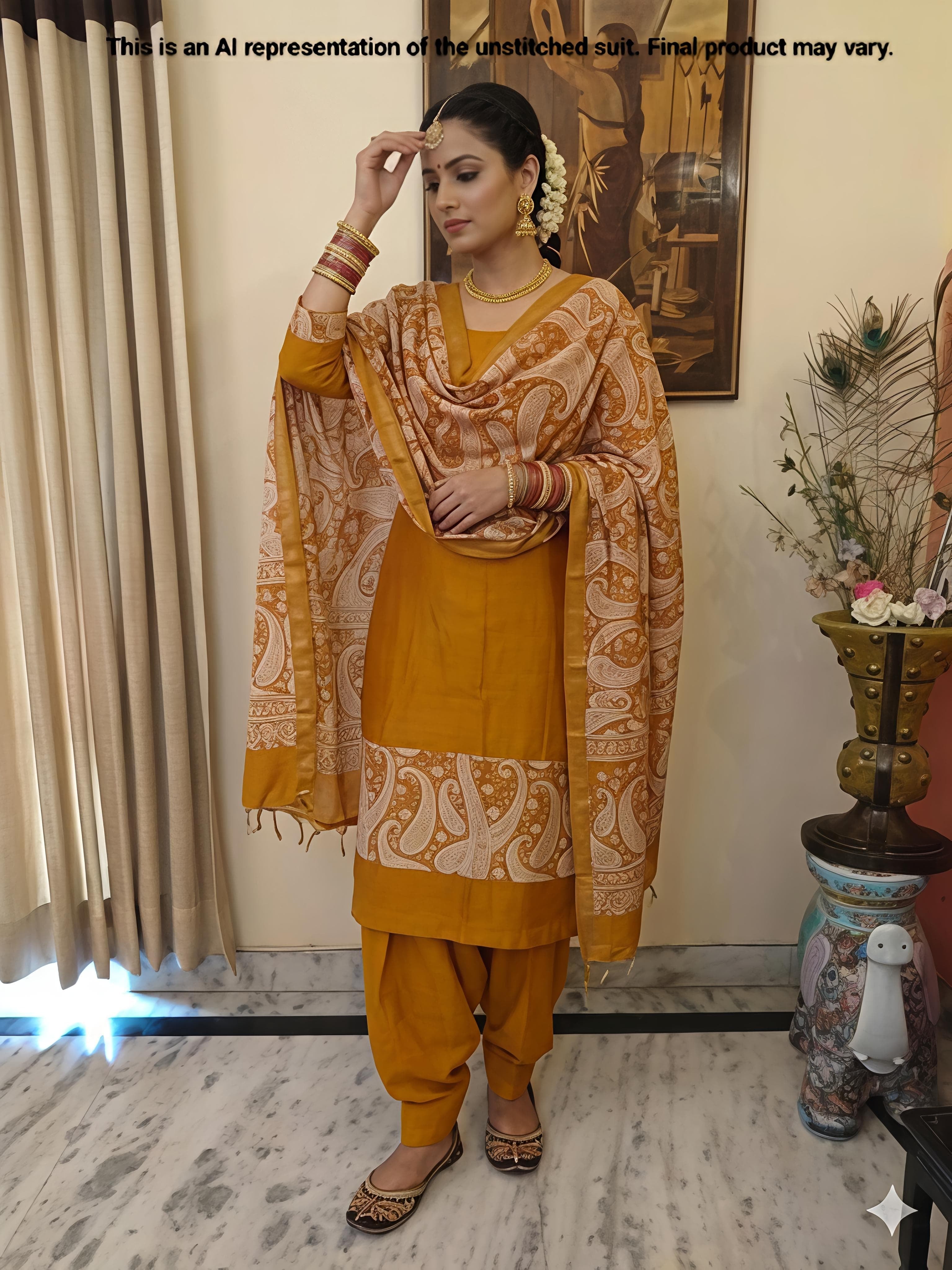 Mustard Maheshwari Silk Unstitched Suit Set