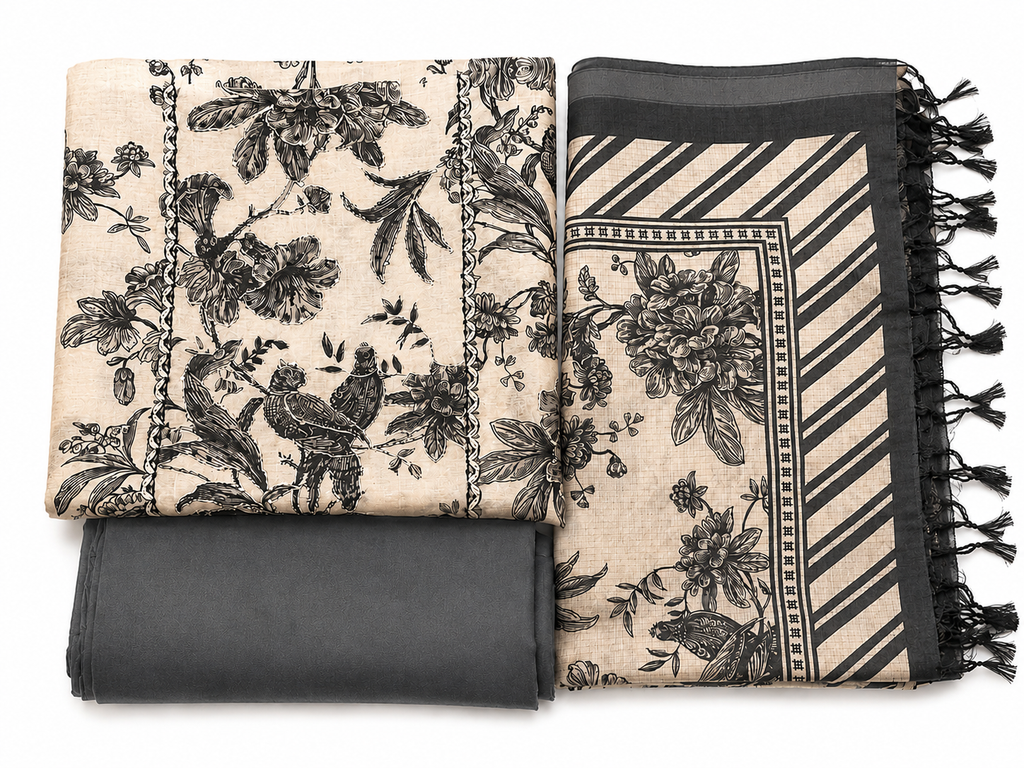 Ivory & Grey Maheshwari Silk Unstitched Suit Set